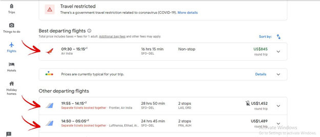 Google flight calendar with prices